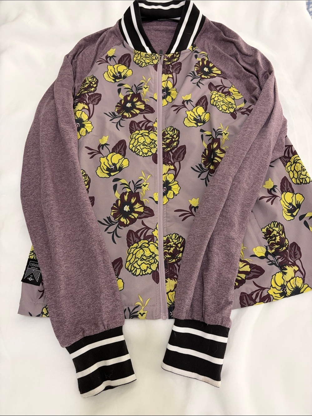 oiselle Mauve Bomber Jacket with Yellow Floral Print